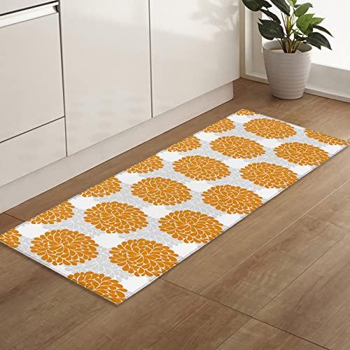 Shine-Home Spring Flower Kitchen Rug, Dahlia Flower Orange Grey Hydrangea Floral White Washable Bath Shower Door Welcome Runner Area Rug Mat Carpet for Bedroom Bathroom Living Room Accent Throw Desk Rug, 18x47