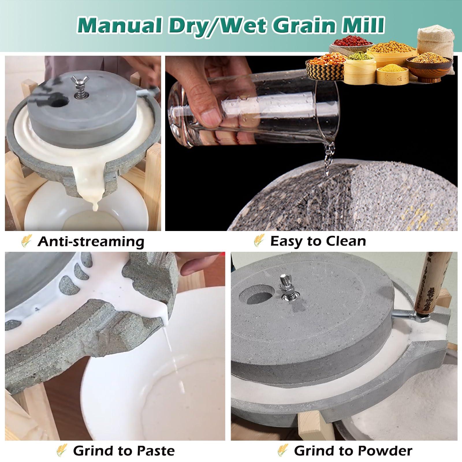 MZZKFC Natural Granite Stone Mill Grinder, Hand Wheat Nutmeg Paste Mill, Dry/Wet Bean Pulverizer Grain Grinder, Classic Stone Ornament with Wooden Frame