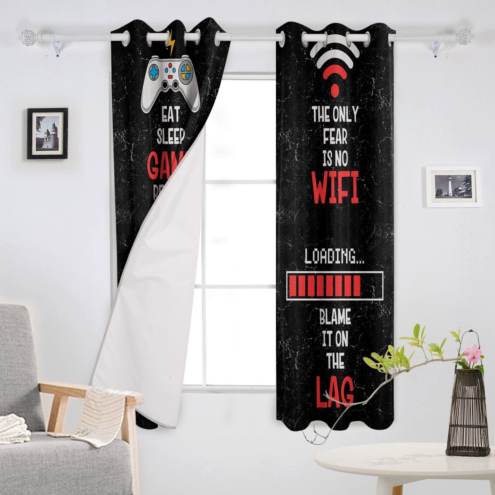 BOBOWUNY Video Game Art Funny Quotes Blackout Curtains 54 Inches Length, Games Gamer Gamepad Earphone Waiting to Load Black Window Treatment Thermal Insulated for Bedroom Living Room 2 Panels 104x54 Inches