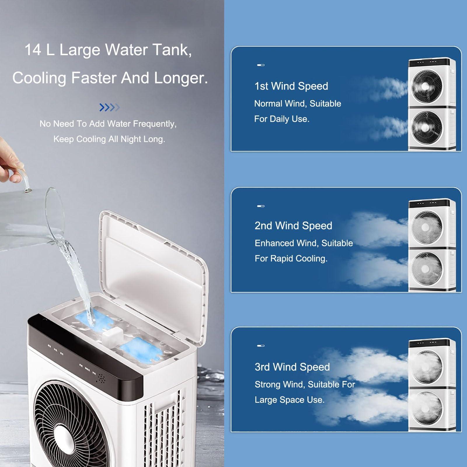 WANGCEPLSD Evaporative Air Cooler, Swamp Cooler Air Conditioner with 12h Timer for Auto-Off, 3-Speed Windowless Air Conditioner, Smart Remote, Tank Portable Air Cooler for Room