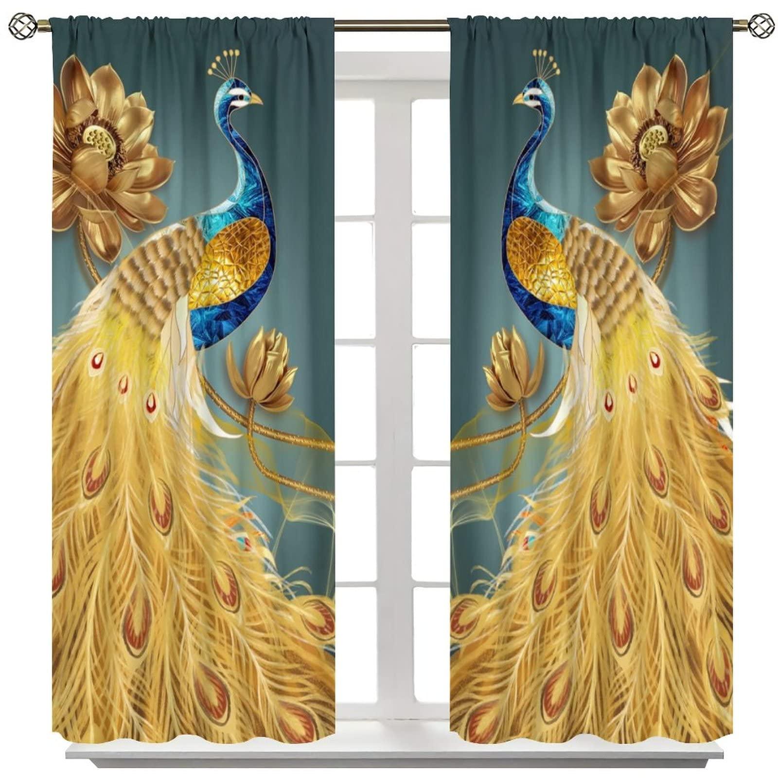 AuiMzoo Peacock Blackout Curtains, Beautiful Blue and Gold Peacock Standing On Golden Lotus, Women Bedroom Living Room Curtains 2 Panel Set, 42x45 Inch