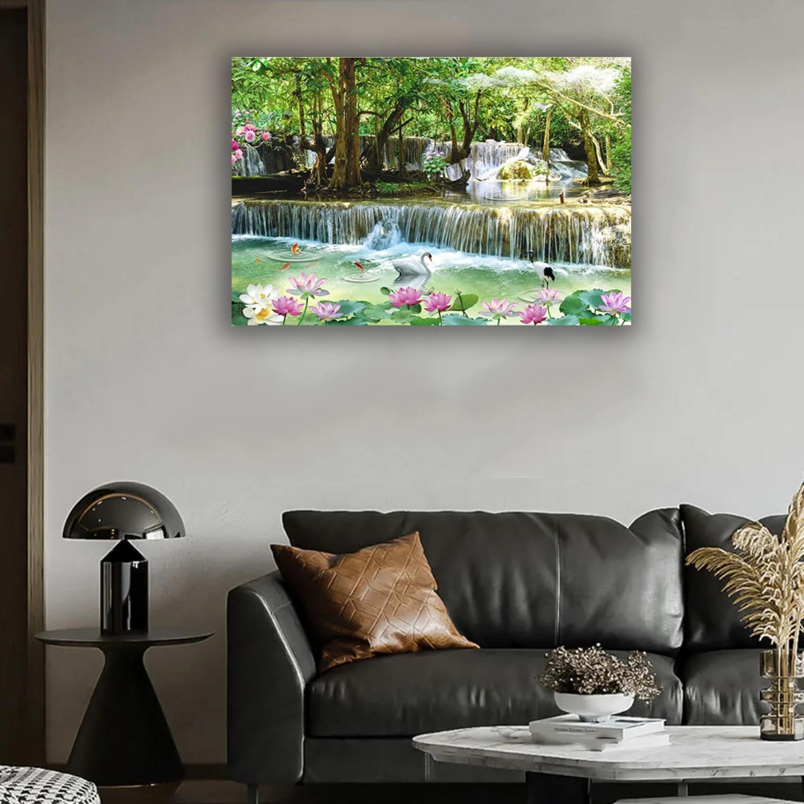 FITSEN Canvas Print Wall Art Feng Shui Nature Swan Crane Waterfall Landscape Painting Panoramic Picture Print On Canvas Modern Artwork for Walls Living Room 80x120cm Frameless