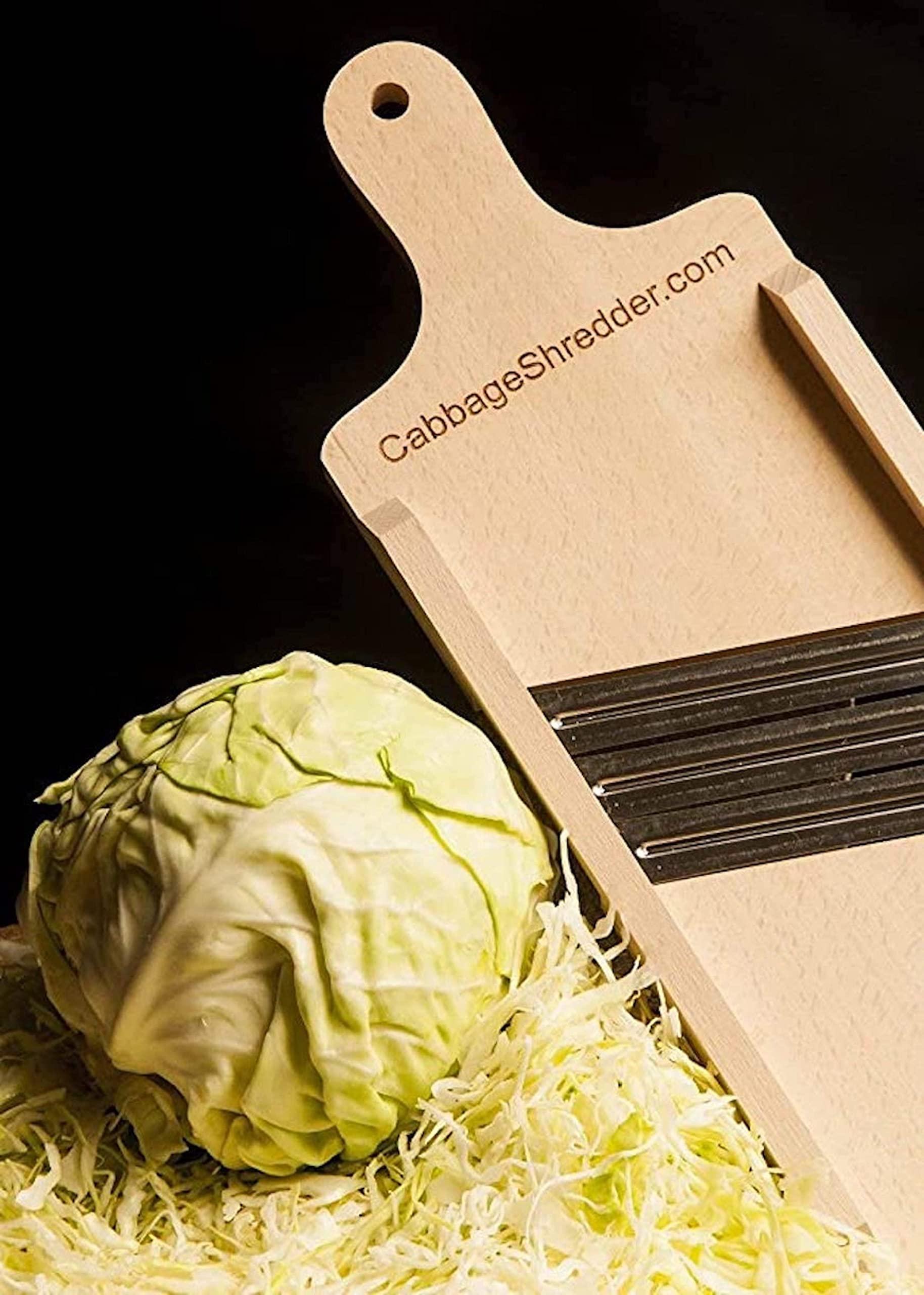 CabbageShredder.com Cabbage Shredder & Vegetable Slicer for Food Preparation, Sauerkraut, Coleslaw, Salads. Compact Size. Solid Wood. Thin Slices. Three Blades!