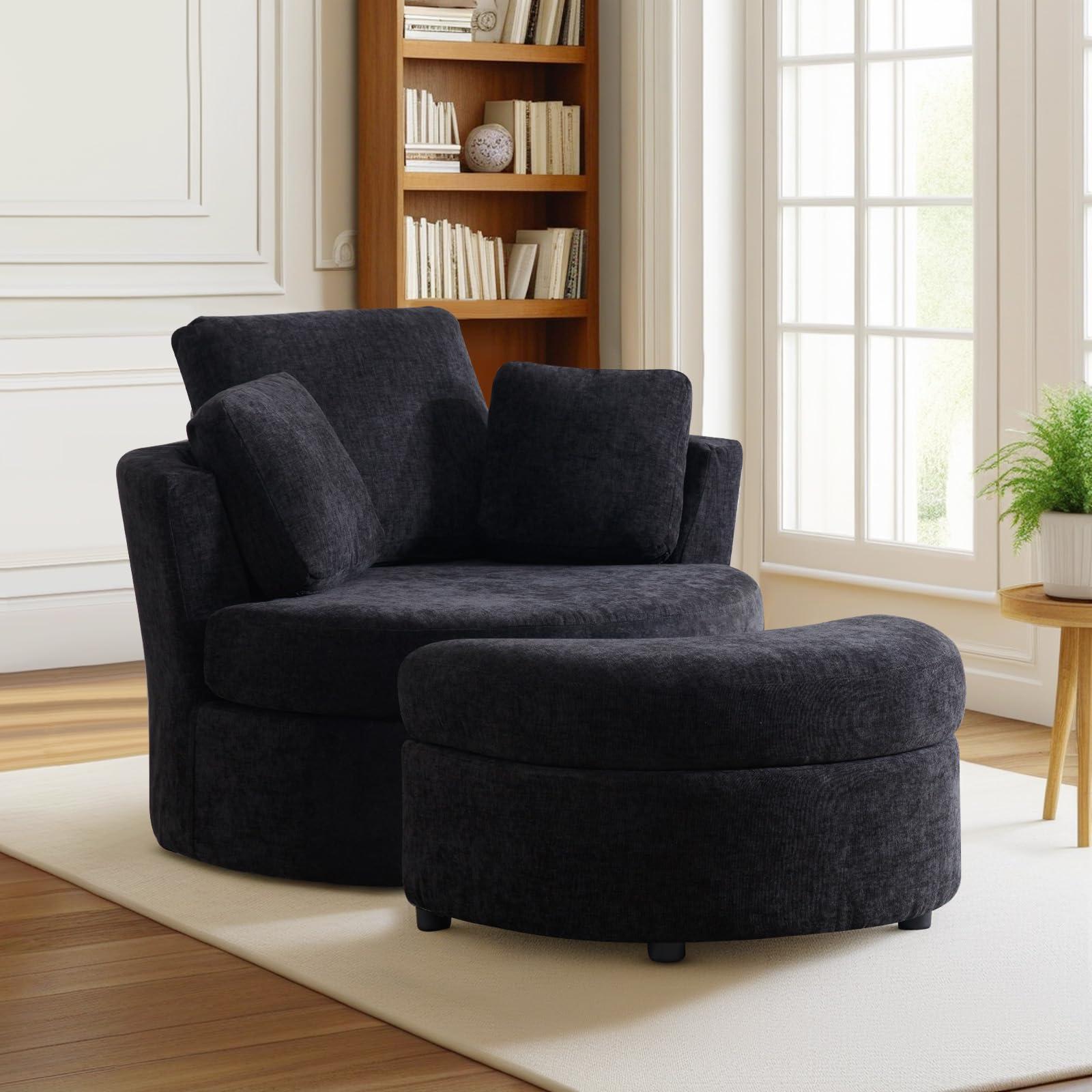 GEEVIVO 42\"W Oversized Swivel Accent Chair with Half Moon Storage Ottoman,360 Degree Chenille Swivel Barrel Chair,Comfy Upholstered Round Swivel Chair,Modern Reading Sofa Arm Chair for Living Room,Club(Black)