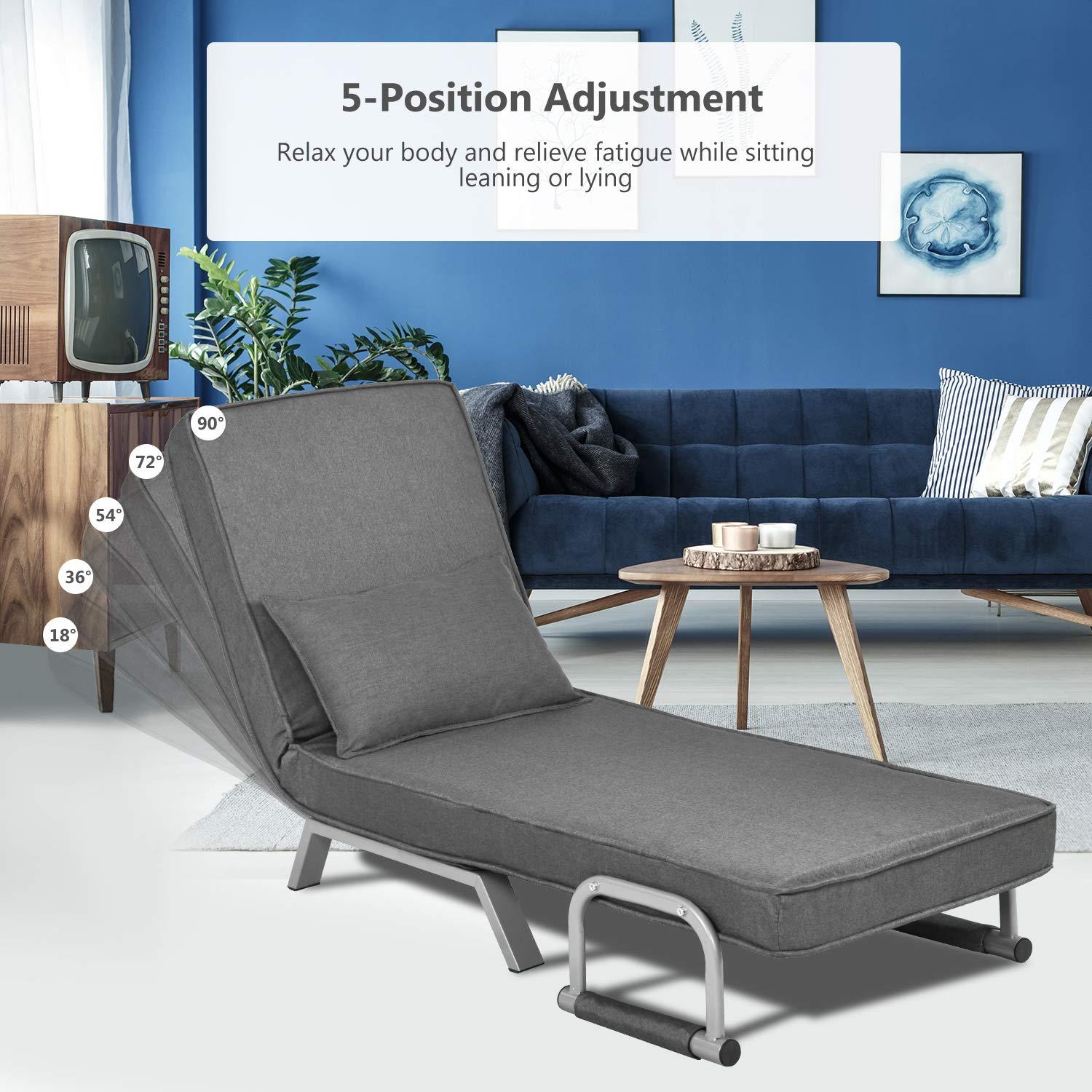 N / Convertible Sofa Bed Sleeper Chair, Modern Chaise Lounge 5 Position Adjustable Backrest, Folding Arm Chair Sleeper with Pillow, Upholstered Seat, Couch for Bedroom Home Office, Grey