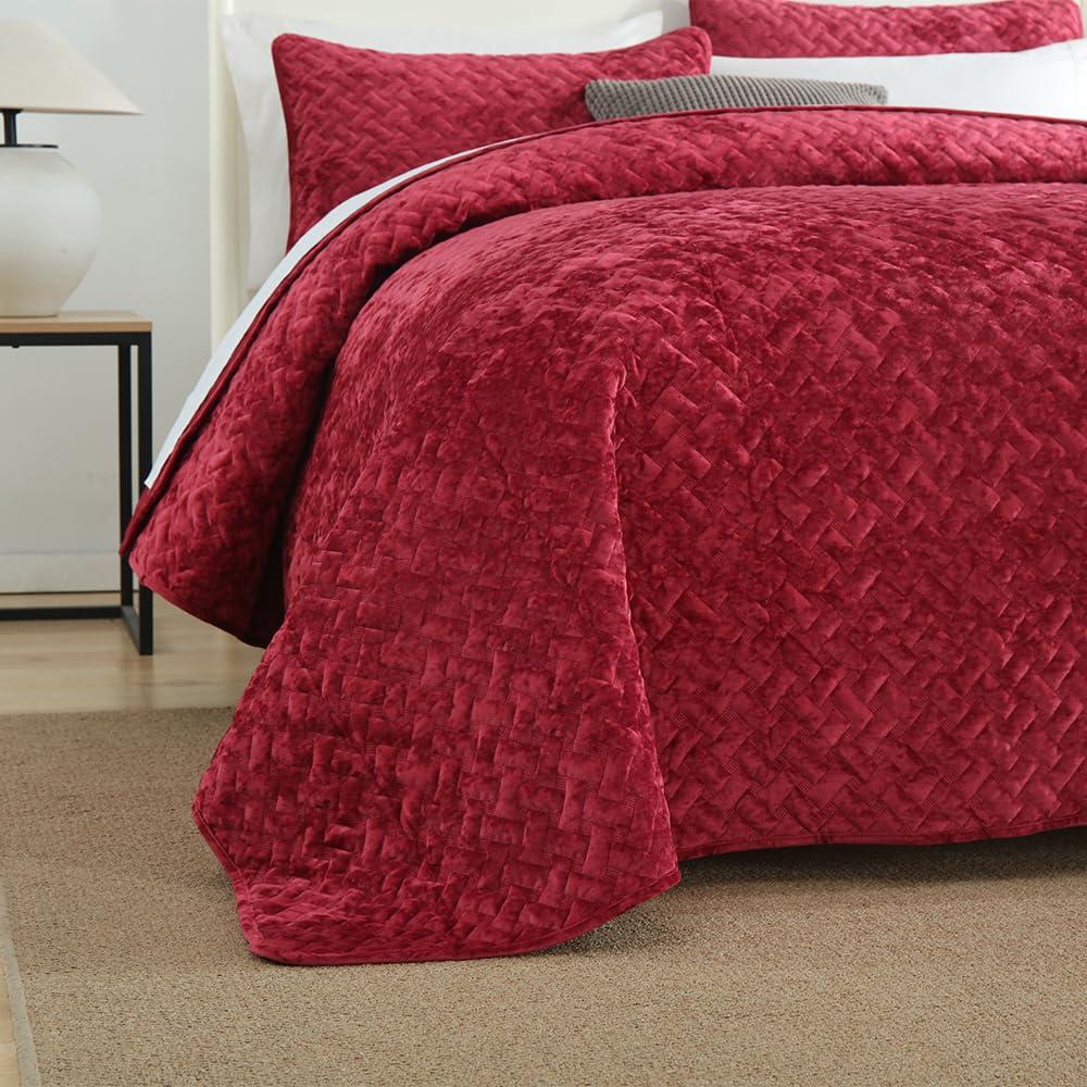 Liians Liians Velvet Bedspread Quilt Bedding Sets,Luxury Elegant Ultra Soft Velvet Comforters Coverlet Blankets,Weave Stitching Pattern Quilted Bedspread for All Seasons,Red,King Size