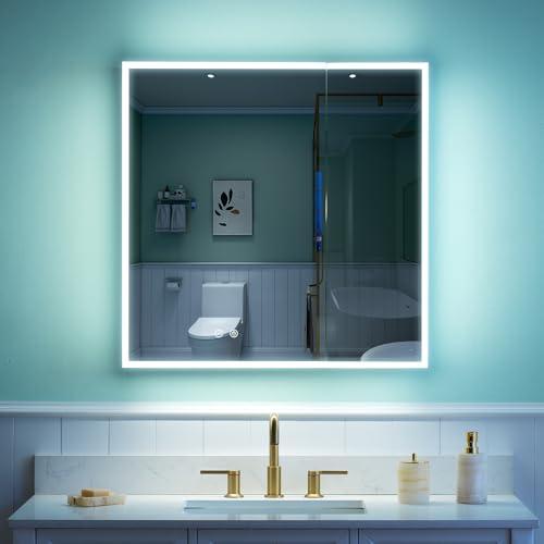 WELLFOR WELLFOR 30\" X 30\" Medicine Cabinet with Lights, 3X Magnification, Anti-Fog Mirrored Cabinet, Bathroom Vanity Medicine Cabinet with Outlets & USB Ports, Double Doors