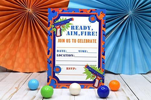 Amanda Creation Dart Gun Birthday Party Invitations, 20 5\"x7\" Fill In Cards with Twenty White Envelopes by AmandaCreation