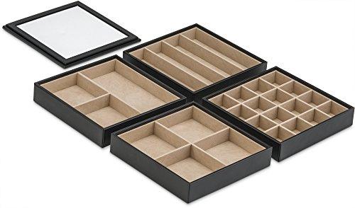 Glenor Co Glenor Co Jewelry Organizer Tray - 4 Stackable Trays & Lid with Mirror - 27 Slot Storage for Drawer, Dresser - Black