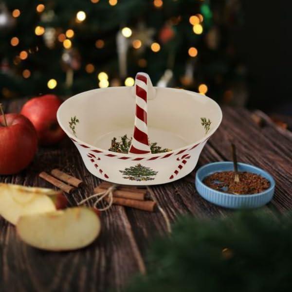 Spode Spode Christmas Tree Candy Basket, 6.5-Inch Candy Bowl with Peppermint Handle for Holiday Snacks, Earthenware Christmas Gift, Festive Holiday Serveware & Holiday Display Bowl, Seasonal Dcor