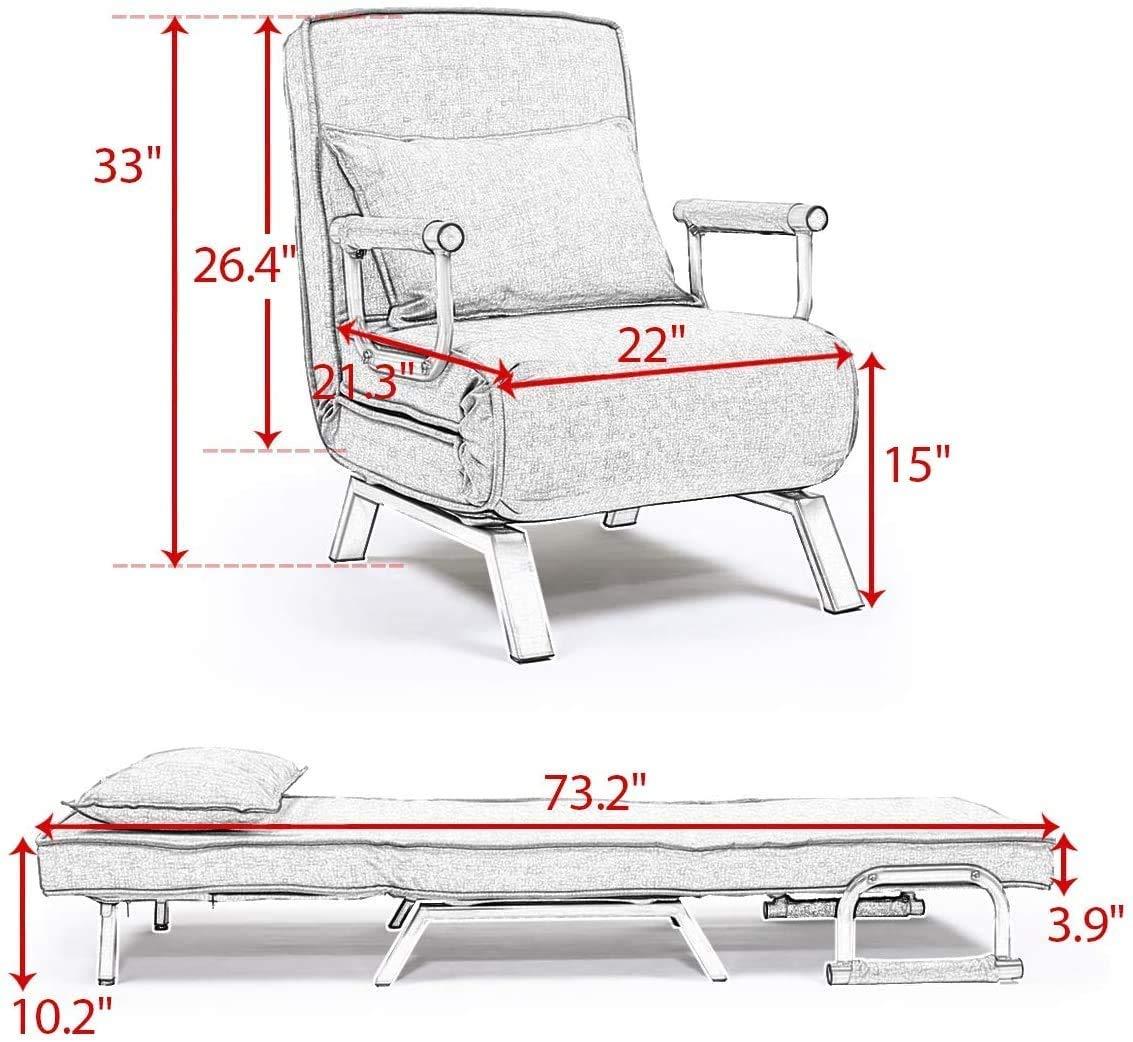 N / Convertible Sofa Bed Sleeper Chair, Modern Chaise Lounge 5 Position Adjustable Backrest, Folding Arm Chair Sleeper with Pillow, Upholstered Seat, Couch for Bedroom Home Office, Grey