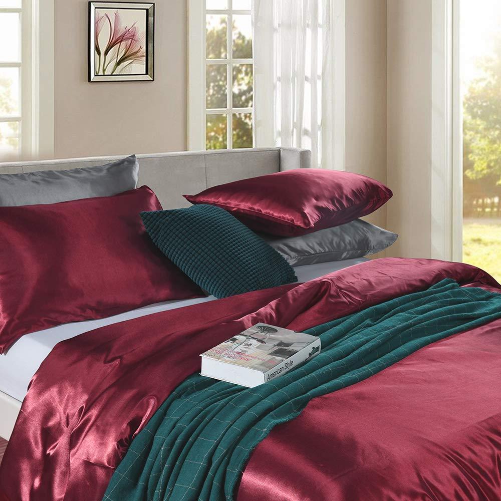 Erosebridal Erosebridal Hotel Quality Burgundy Duvet Cover Set Twin/Single Size Silk Like Satin Bedding Sets Summer Reversible Quilt/Comforter Cover Honeymoon Sexy Luxury Soft Microfiber Bedding Collection