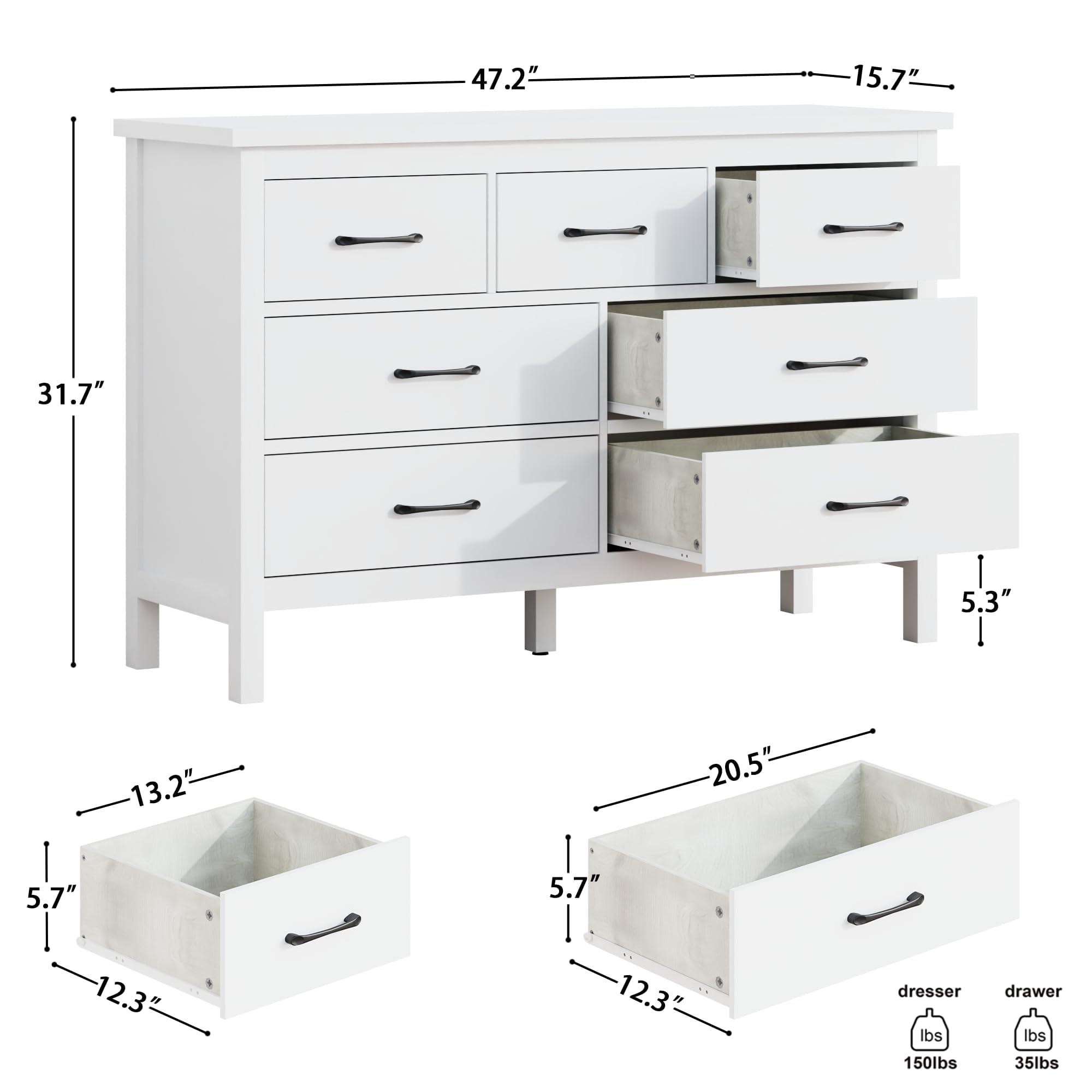 Tradare Tradare White Dresser for Bedroom with 7 Drawer,Wooden Double Dresser with Metal Handles, Wide Chest of Organizer Storage Drawers for Living Room, Hallway, Entryway