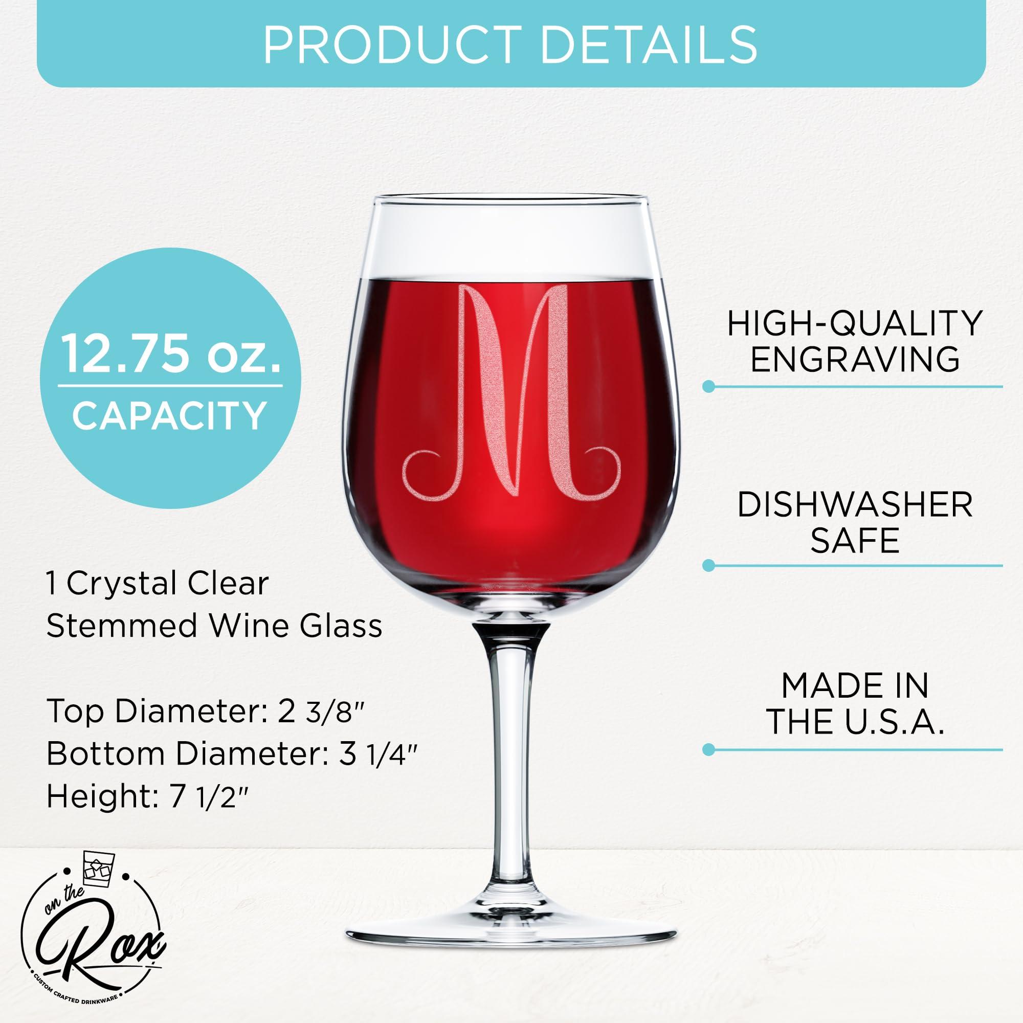 On The Rox Drinks Monogrammed A-Z Wine Gifts for Women - 12.75 oz Engraved Personalized Wine Glass- Funny Wine Lover Monogram Gifts for Women - Unique Wine Glasses Gift Set (M)