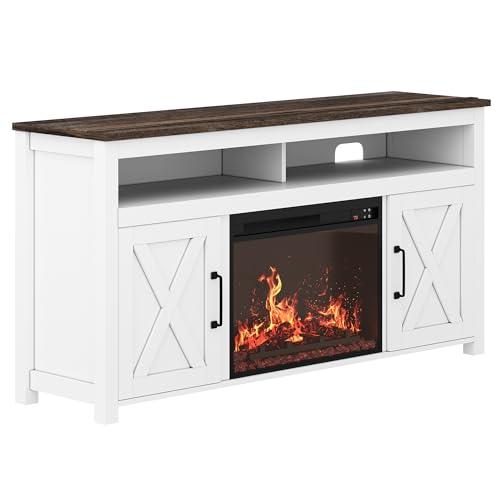 BELLEZE BELLEZE 58" Farmhouse Fireplace TV Stand for TVs up to 65", 23" Electric Fireplace Heater with Sound, Entertainment Center Media Console Table Barn Door Storage Cabinets for Living Room - White