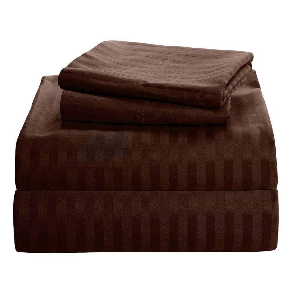 Elf Linen Elf Linen Luxurious 1500 Thread Count Italian Finish 100% Egyptian Cotton 4-Piece Bed Sheet Set, King, Chocolate Stripe Pattern (Fits Mattress Up to 21-23\" Deep Pocket)