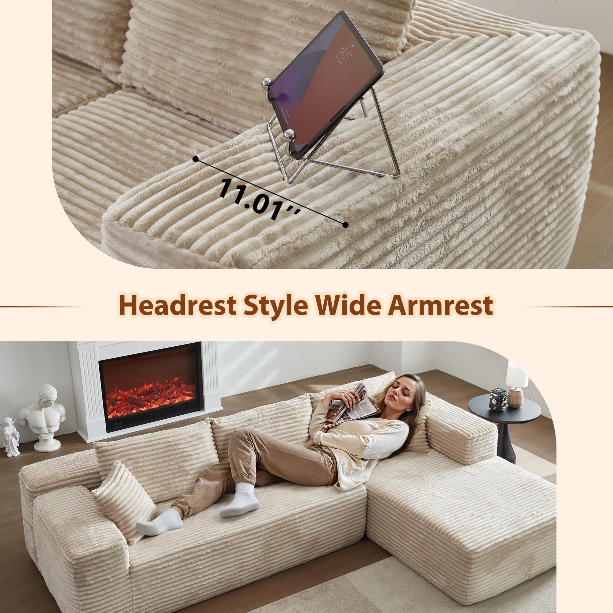 OOBOLT 104" Cloud Couch Deep Seat, L Shape Couches for Living Room, No Assembly Required, Sectional Sofas with Right Chaise, Beige Plush Velvet