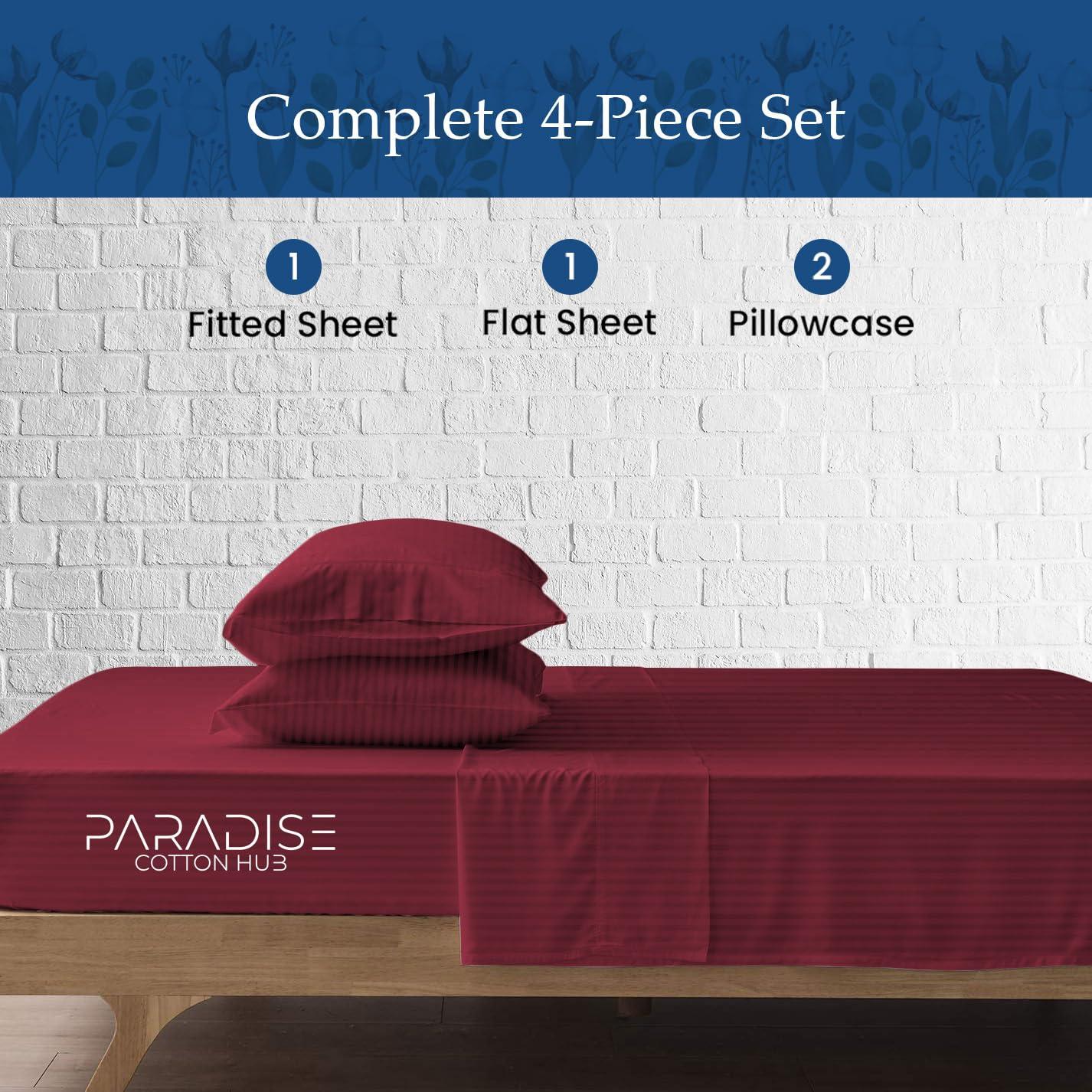 Paradise Cotton Hub Paradise Cotton Hub Hotel Luxury Easy Care King Size 4-Piece Sheet Set 400-TC Egyptian Cotton Perfectly fits mattresses 18-21\" Deep Pocket (Stripe, Burgundy)