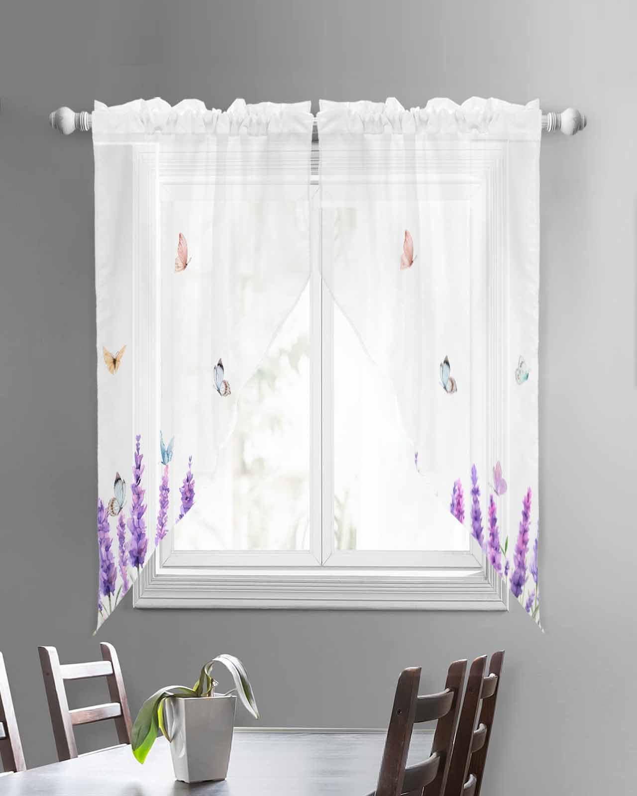 Falaniique Watercolor Lavender Swag Curtain Drapes 63 Inches Long 2 Panels Set,Long Semi-Sheer Curtain Drapes Rod Pocket Valance Drapery for Kitchen,Bathroom Window Purple Floral Spring Summer White 72" Wx63 L