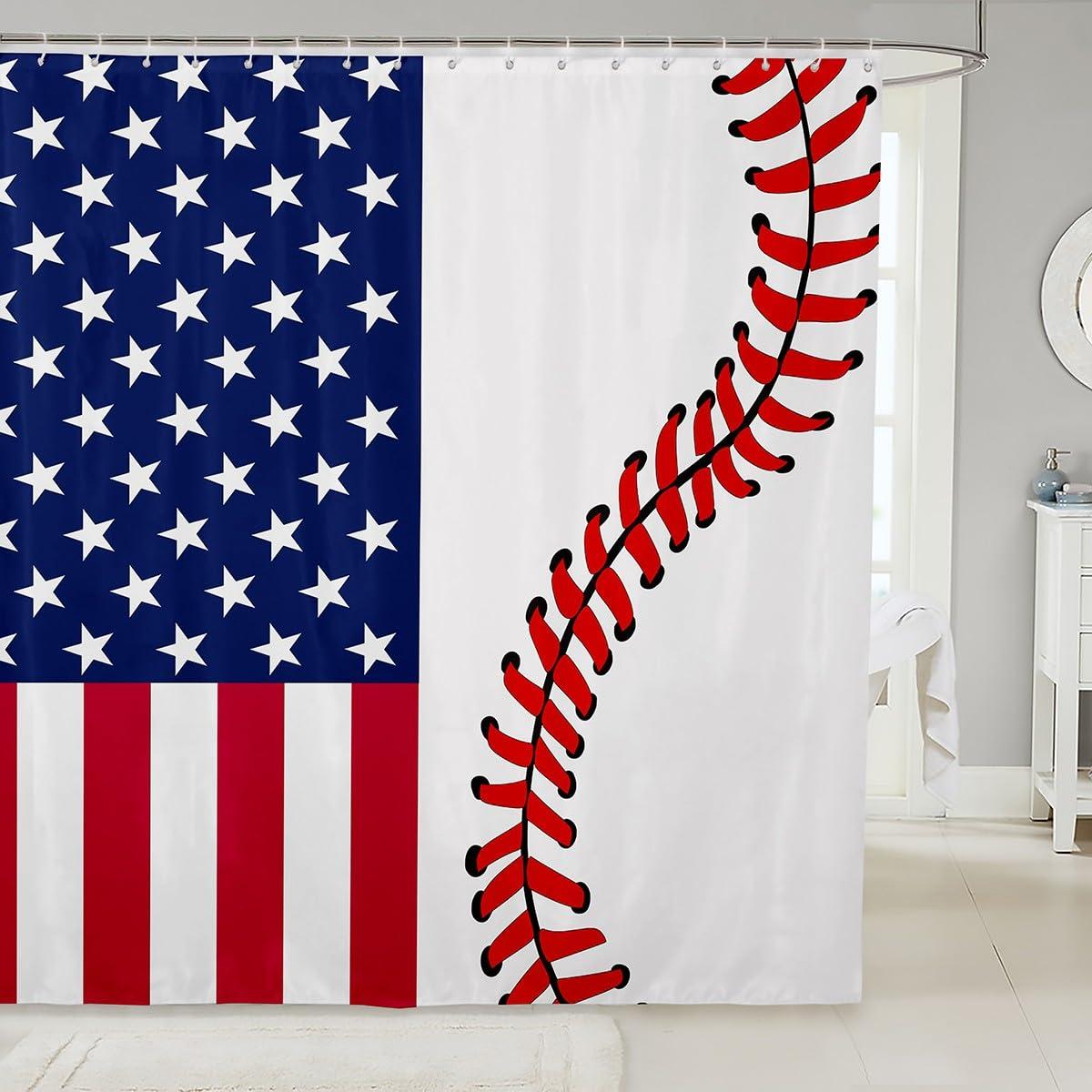 Homewish American Flag Shower Curtains,Abstract Baseball Bathroom Curtains for Kids Teens Adult,Ball Games Waterproof Bath Curtains,with 12 Hooks Suits for Bathtub, 72\" W x 78\" L,Red and White
