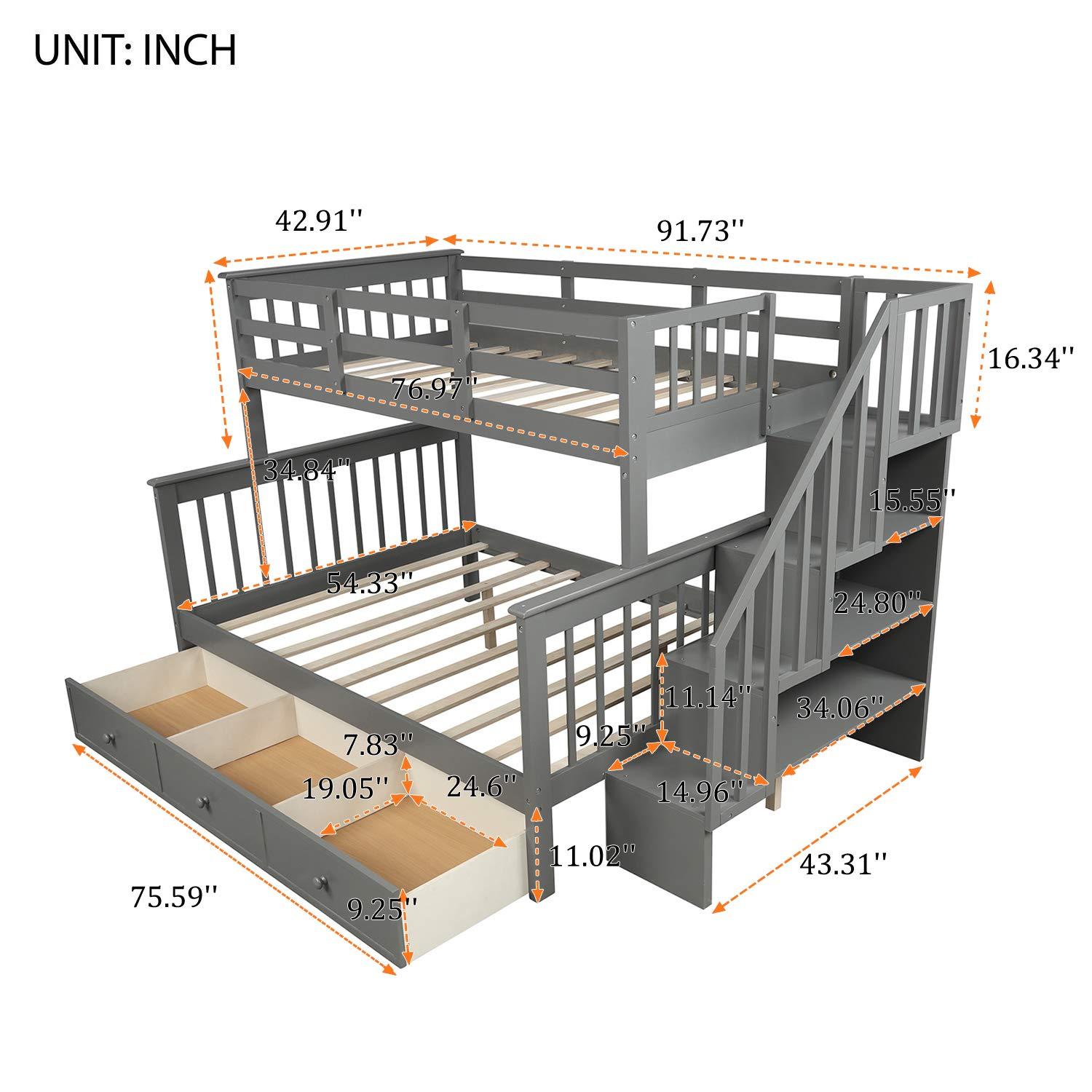 RUNNA Stairway Bunk Bed with 3 Drawers, Solid Wood Twin Over Full Bunk Bed with Storage Shelf and Guard Rail for Kids/Adults, Can be Divided Into Two Individual Beds, No Box Spring Needed (Gray)