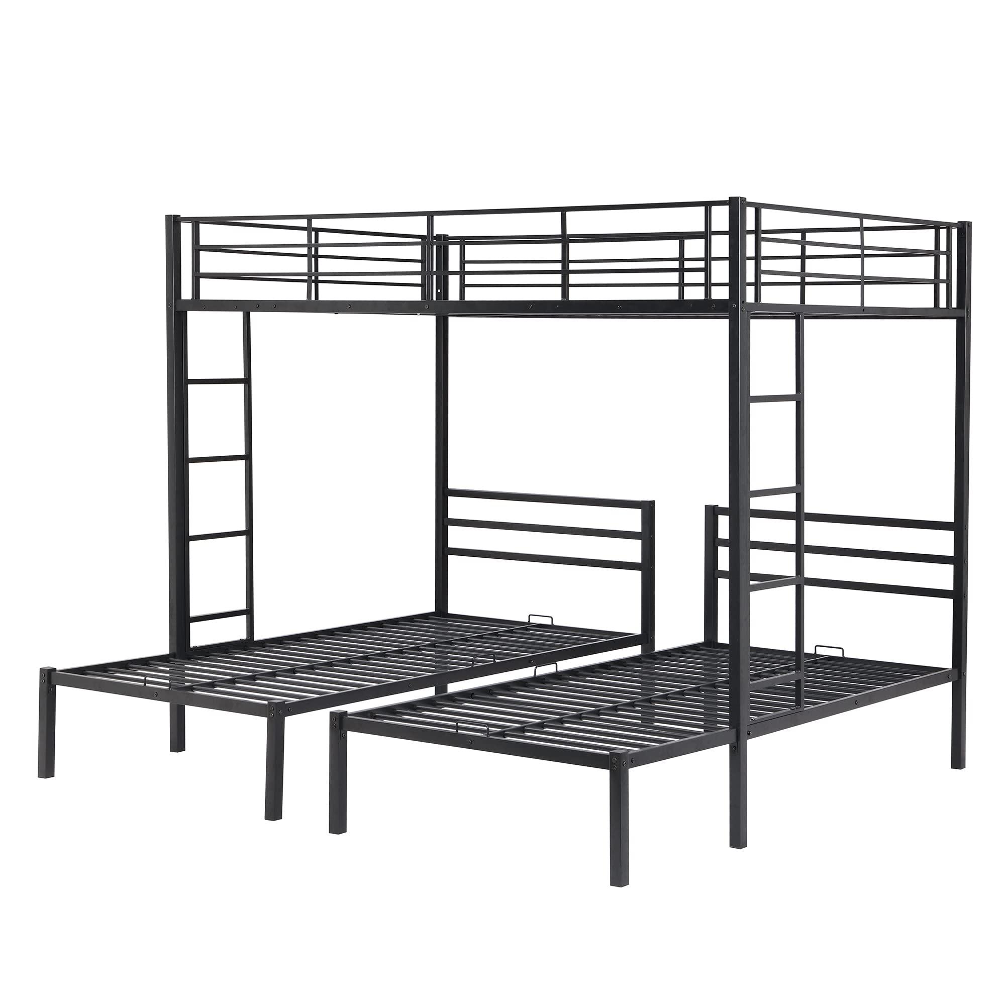 SOFTSEA SOFTSEA Heavy Duty Metal Triple Bunk Beds Full Over Twin & Twin L-Shaped Bunk Bed with Built-in Shelf for Boys Girls