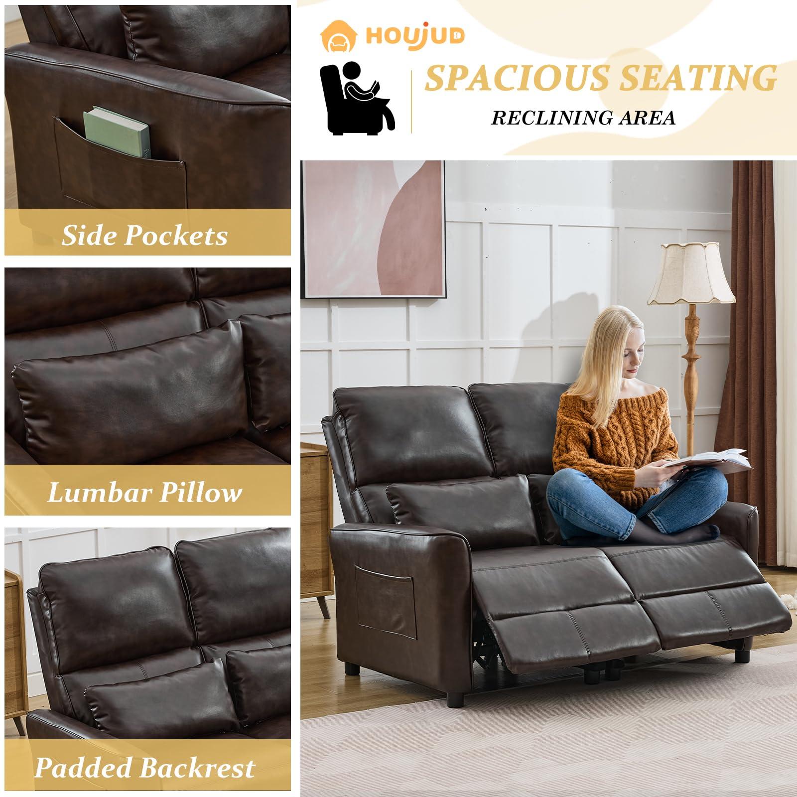 Houjud Houjud Manual Loveseat Recliner, 2 Seater Reclining RV Sofa Chair with Side Pockets/Lumbar Pillow, Faux Leather Double Pushback Recliner Loveseat Sofa Chair for Living Room (Red Brown)