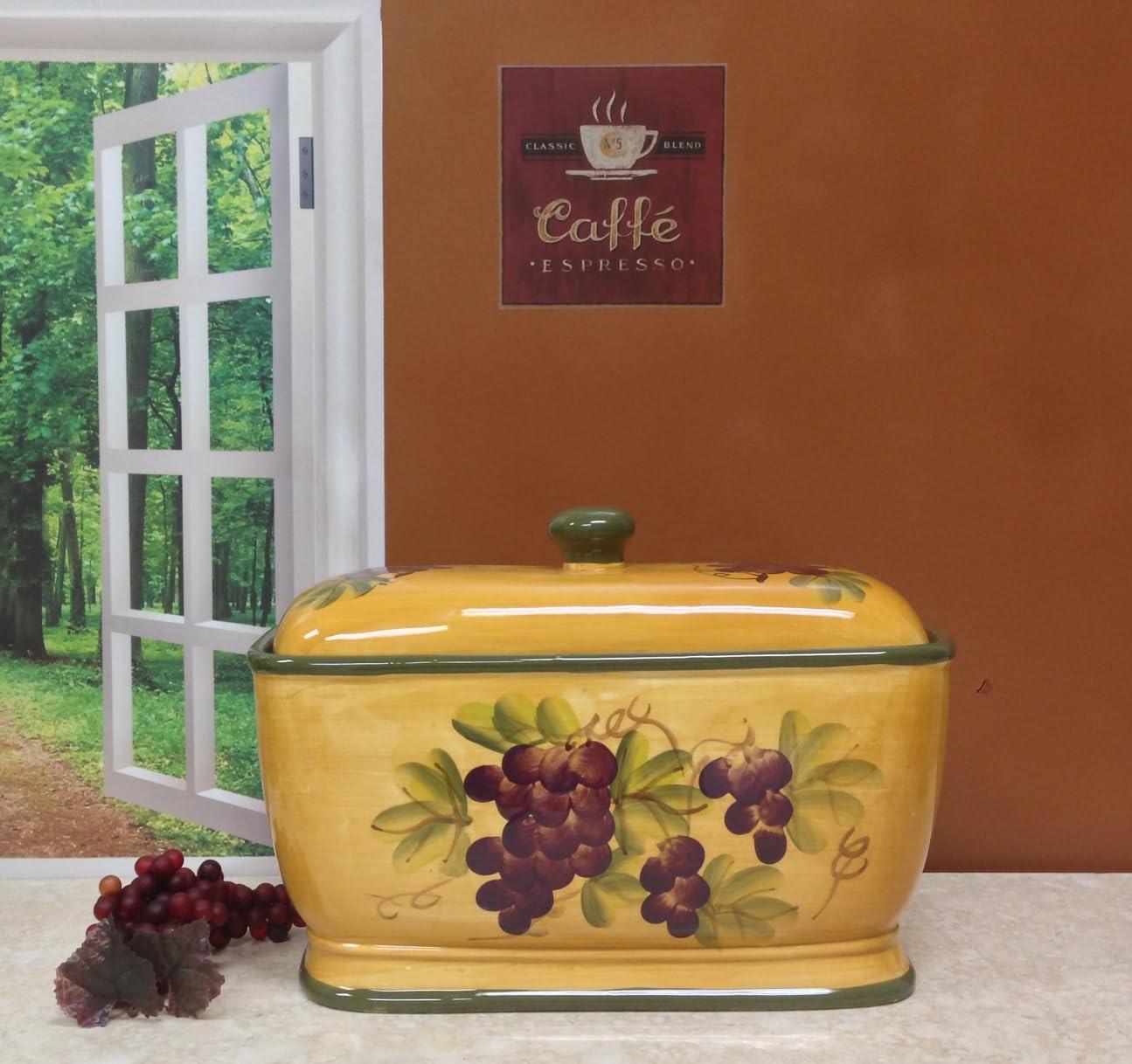 ACK ACK Decor Grape Desing Tuscany Wine Hand Painted Ceramic Collection Bread Box with Rubber Seal, Bread Storage Container, Kitchen Decor Organizer