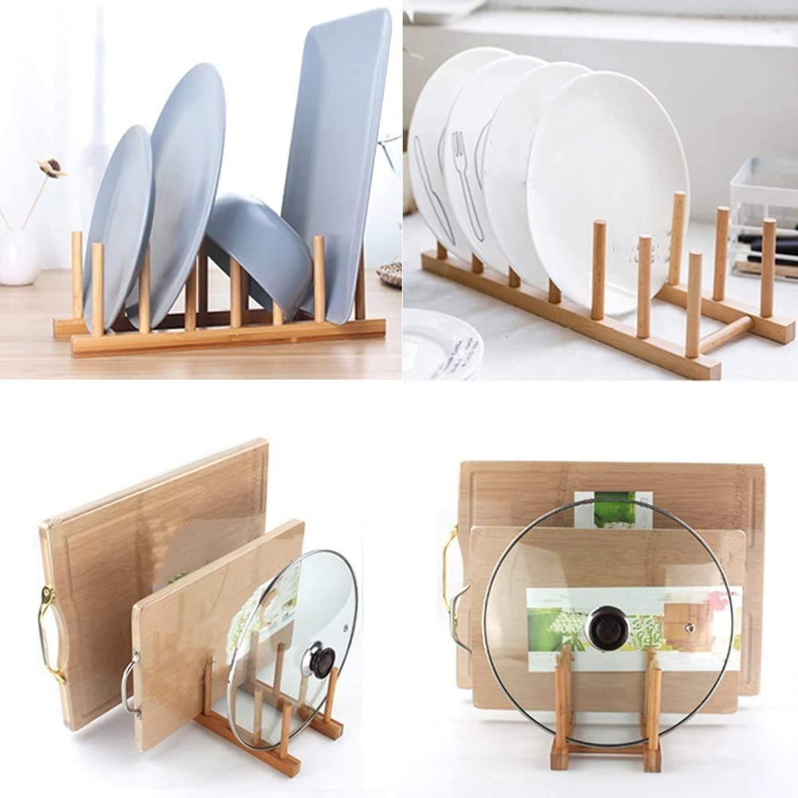 Cyrank Wooden Dish Rack,Dish Drying Rack Kitchen Storage Cabinet Organizer Plate Rack Stand Pot Lid Holder,Pine Wood Dish Rack for Bowl Pot Lid,Cutting Board(28cm)