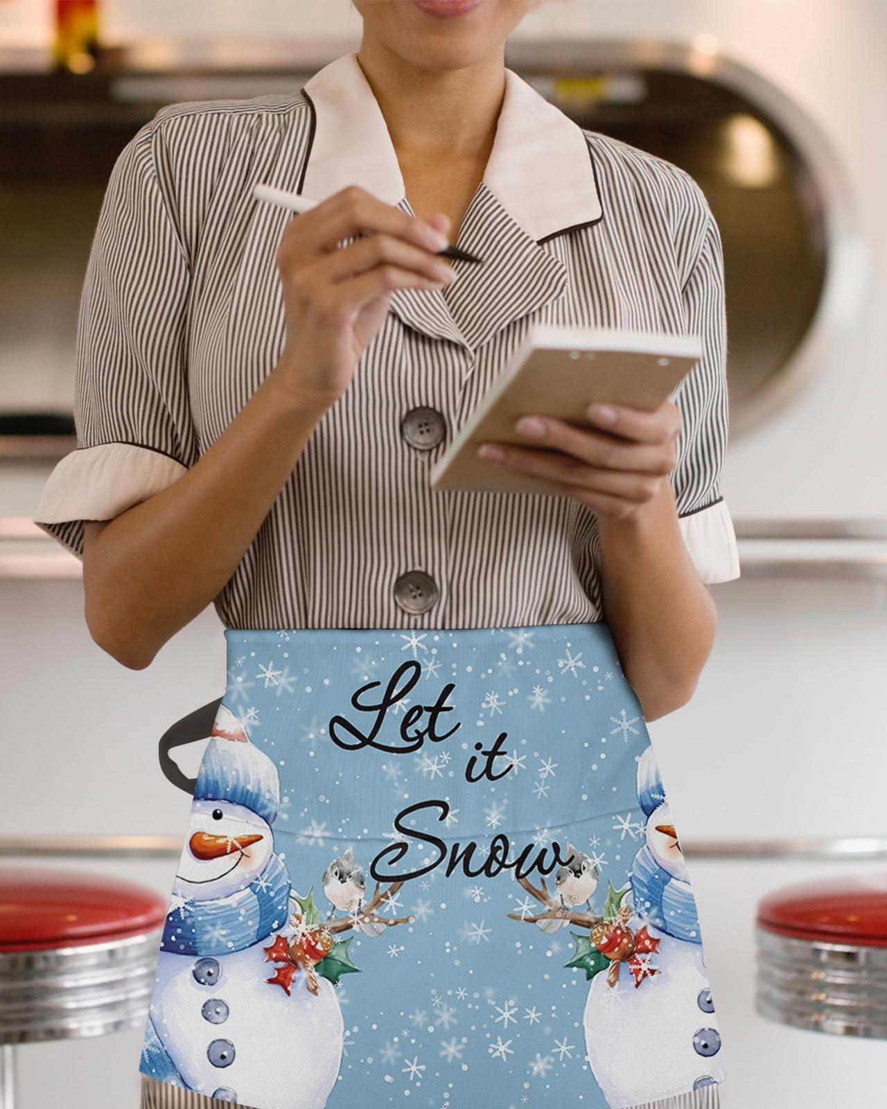 OComster OComster Christmas Waist Server Aprons, Snowman Snowflake Xmas Tree Bird Blue Waitress Apron with Pockets, Waiter Half Apron