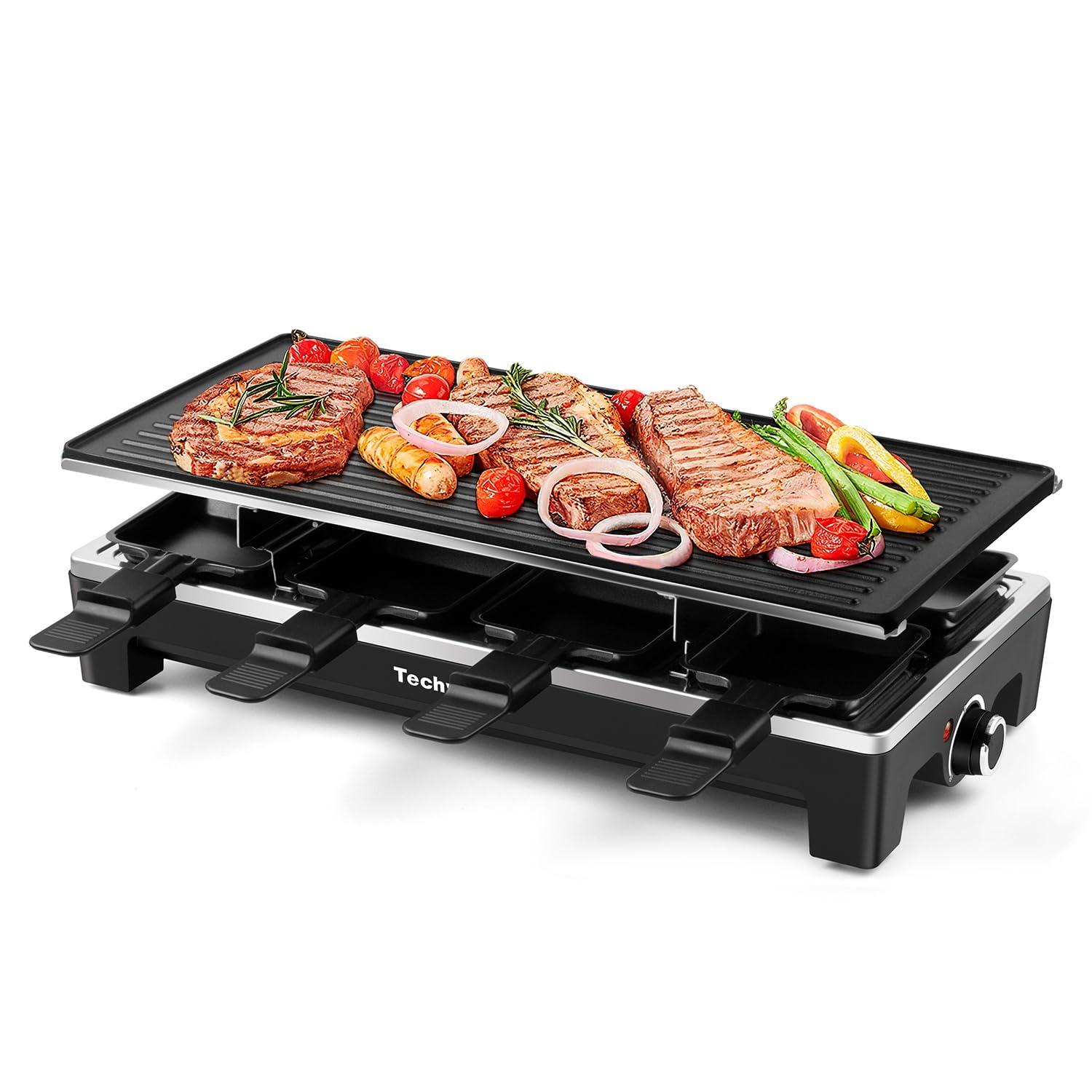Techwood Raclette Grill, Techwood Electric Table Indoor Grill Korean BBQ Grill, Removable 2-in-1 Non-Stick Grill Plate, 1500W Fast Heating with 8 Cheese Melt Pans, Ideal for Parties and Family Fun