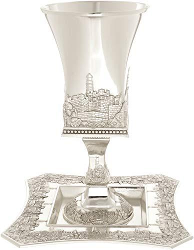 aJudaica Silver Plated Square Jerusalem Design Kiddush Wine Cup and Tray