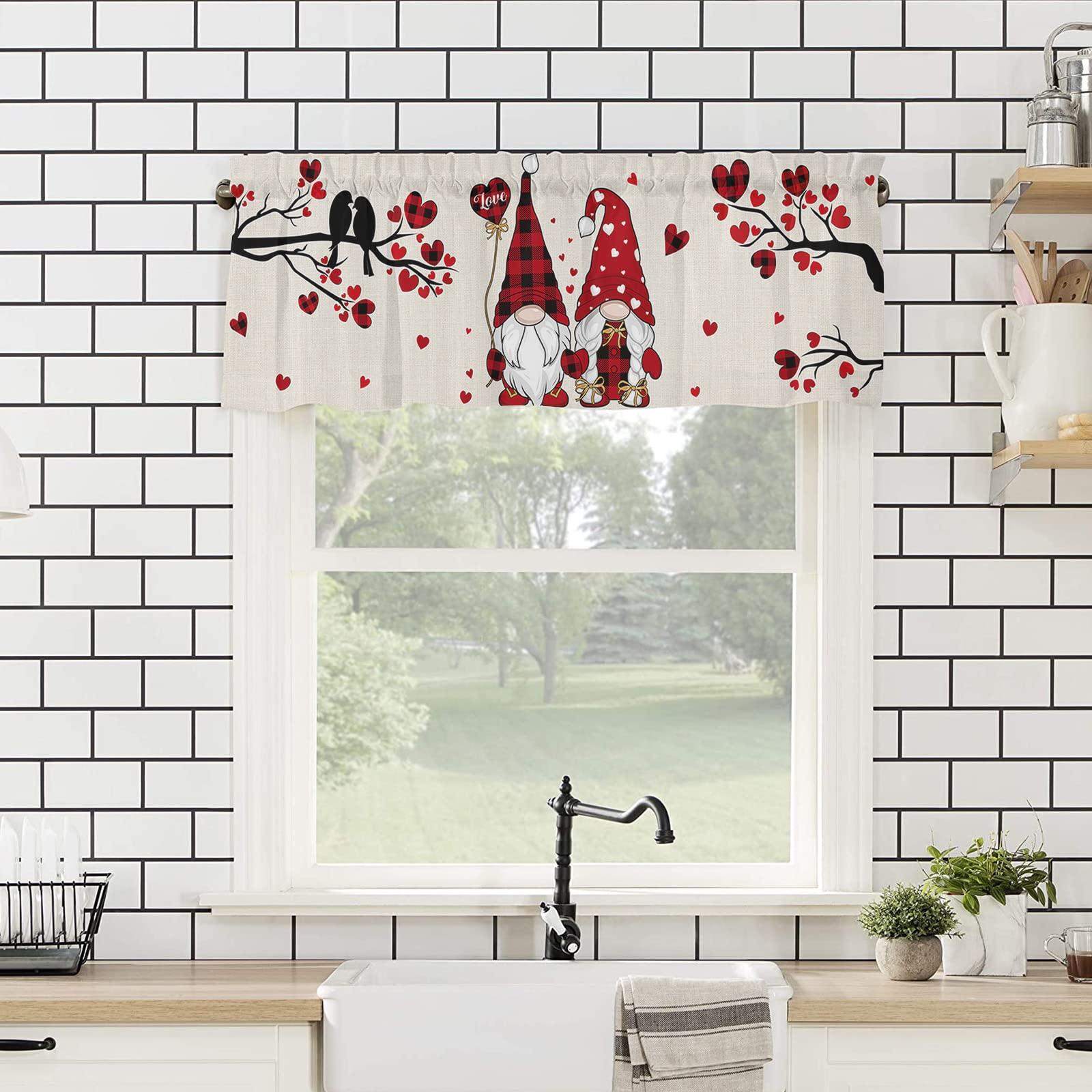 Kewadony Kewadony Kitchen Curtains Valances, Valentine\'s Day Rod Pocket Valances for Windows, Red Black Plaid Gnomes Love Tree Burlap Short Window Valances for Living Room/Bedroom, 54 x 18 Inch