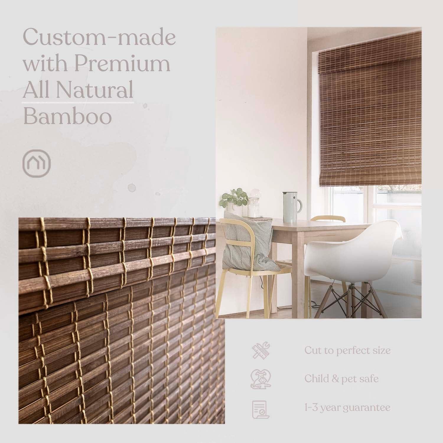 Mood MOOD Custom Bamboo Shades | Rustic | Cordless Bamboo Roman Shades for Windows and Doors (Natural Woven) | Rustic Oak (Great Privacy) | 63.5" W X 48" H