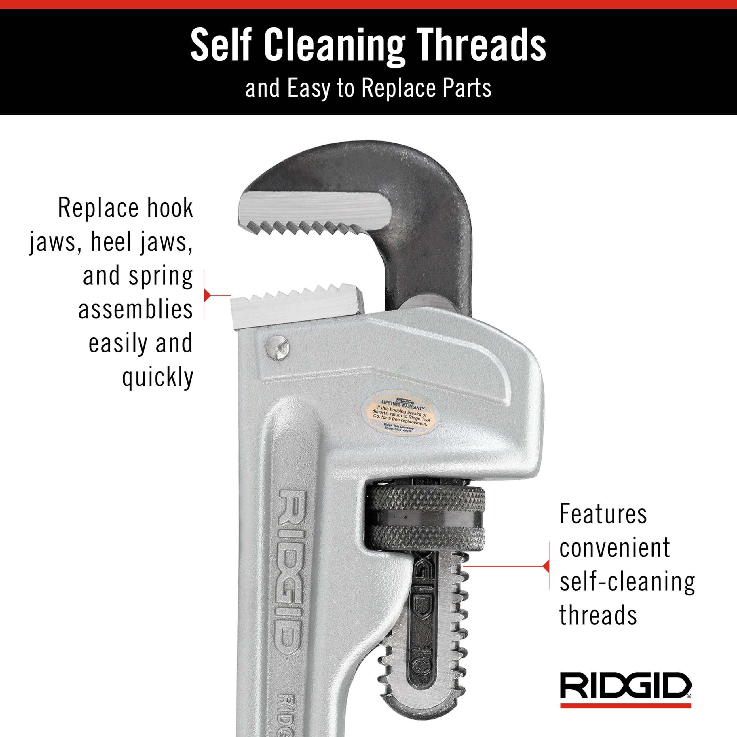 RIDGID RIDGID 31090 Aluminum Straight Pipe Wrench, 10\" Sturdy Plumbing Wrench with Self Cleaning Threads and Hook Jaws