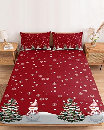 ZFUNCING Christmas Snowman on Snowy Season Fitted Bed Sheets Queen Size Fit 5-16inch Deep Pockets,Luxury Bottom Sheet Bedding Set with Pillow Case,Winter Whtie Snowflake on Red Fitted Sheet for Mattress