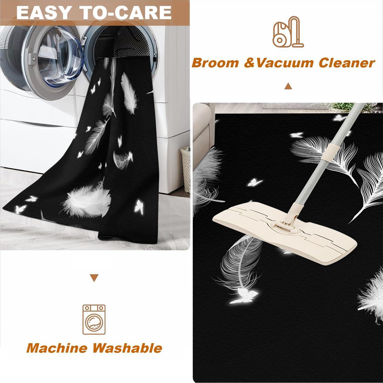 DUPIELU Fashion Black Area Rugs, Modern Abstract White Feather Butterfly Print Large Indoor Machine Washable Rug, Non-Slip Easy Clean Carpet for Living Room Bedroom Kitchen Hallway Entry 8x10ft