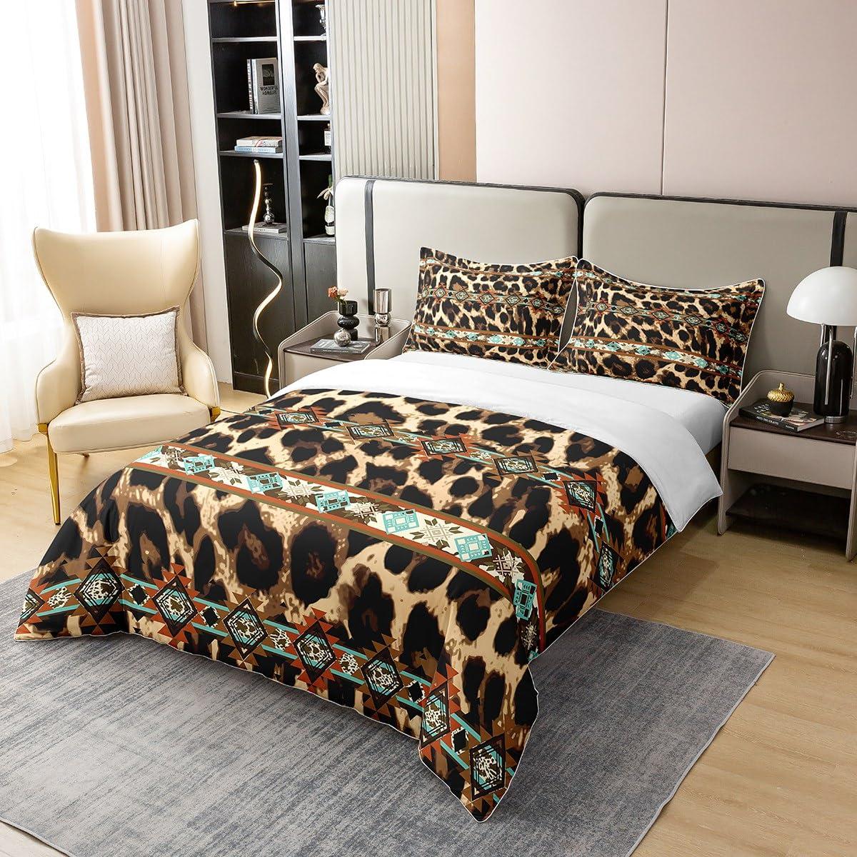 Erosebridal Pure Cotton Western Bedding Sets Queen Cheetah Print Comforter Cover,Leopard Skin Fur Hair Spot Duvet Cover Ethnic Tribe Arrow Aztec Indian Tribal Geometry Bed Set,Retro Exotic Southwestern Decor