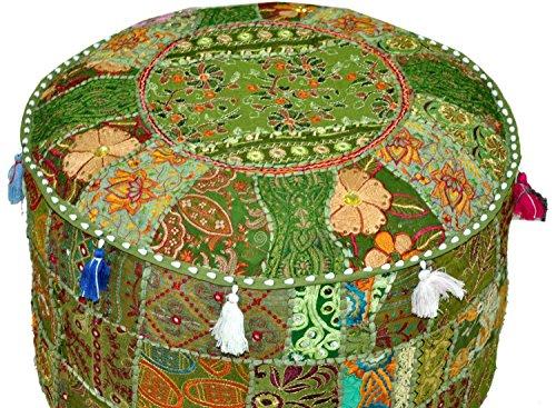 Sophia-Art Indian Embroidered Patchwork Ottoman Cover,Traditional Indian Decorative Pouf Ottoman,Indian Comfortable Floor Cotton Cushion Ottoman Pouf,Indian Designs Ethnic Patchwork Pouf 18X13 inch (Green)