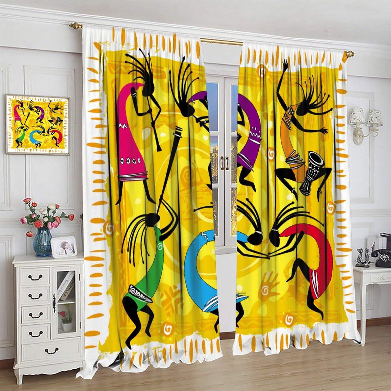 SanLunChe Kokopelli Curtains, Dancing Playing Musical Instrumentss on Tribal Patterns Artwork Thermal Insulated Room Darkening Curtains for Living Room Bedroom Drapes 2 Panels 52x96in