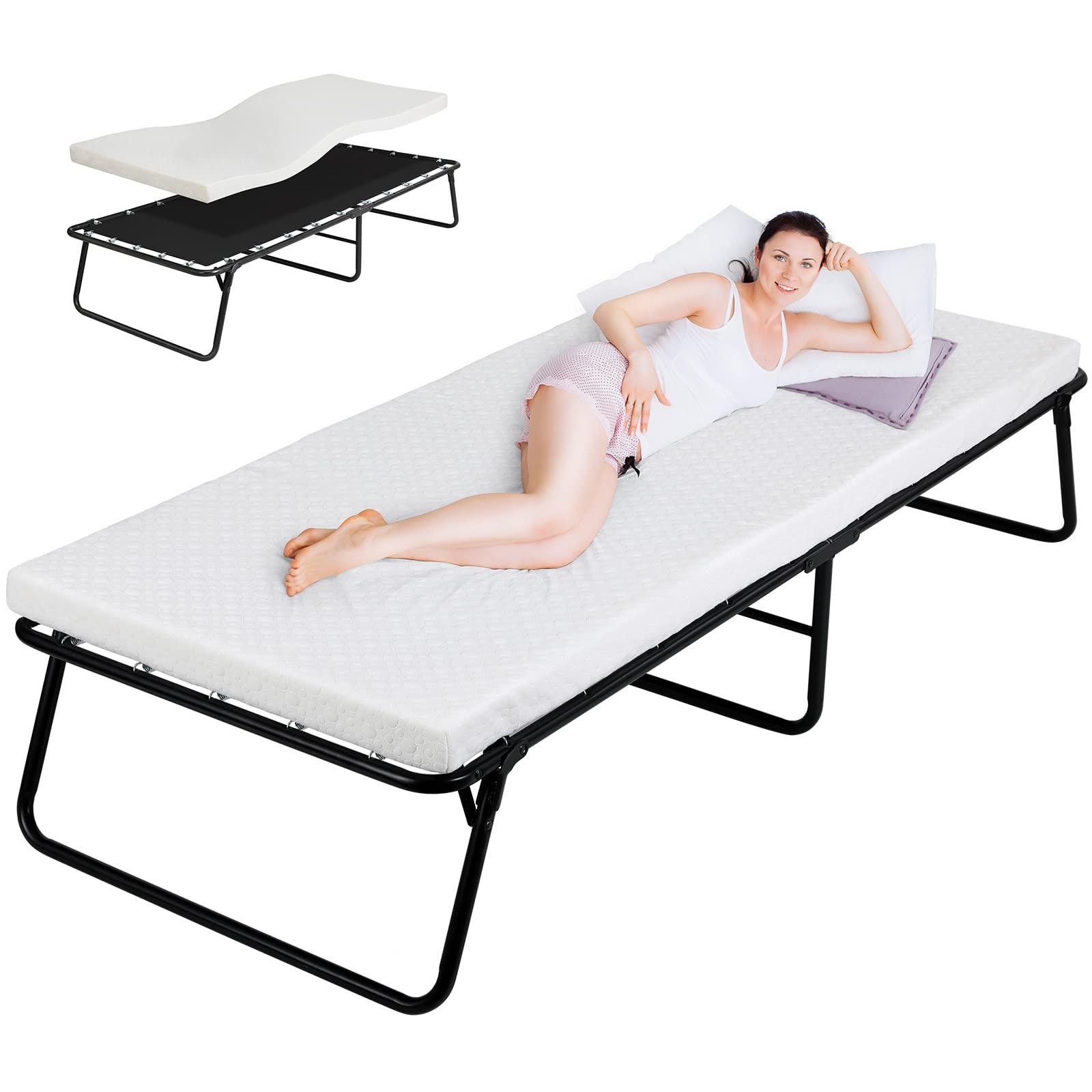 MAMIZO Folding Bed,Rollaway Bed with Mattress for Adults,Foldable Bed,Portable Bed,Metal Bed Frame with Memory Foam Mattress, Guest Bed for Bedroom,Office,Camp,No Assembly Required,(75\" x 31\"x14\")