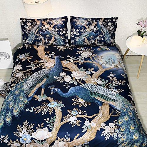 Goldeny JF-448 HD Digital Print White Flowers Peacock Tree Bedding Set with 1 Duvet Cover 2 Shams Full Queen King Sheets, Not Comforter (Full)