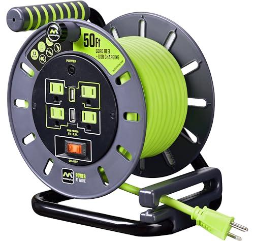 Masterplug Masterplug 50ft Cord Reel, Retractable Extension Lead with Winding Handle, Safety Overload Circuit Breaker and Power Switch, 4X Grounded Outlets, 2X USB Ports, 13amps, 14AWG Cable