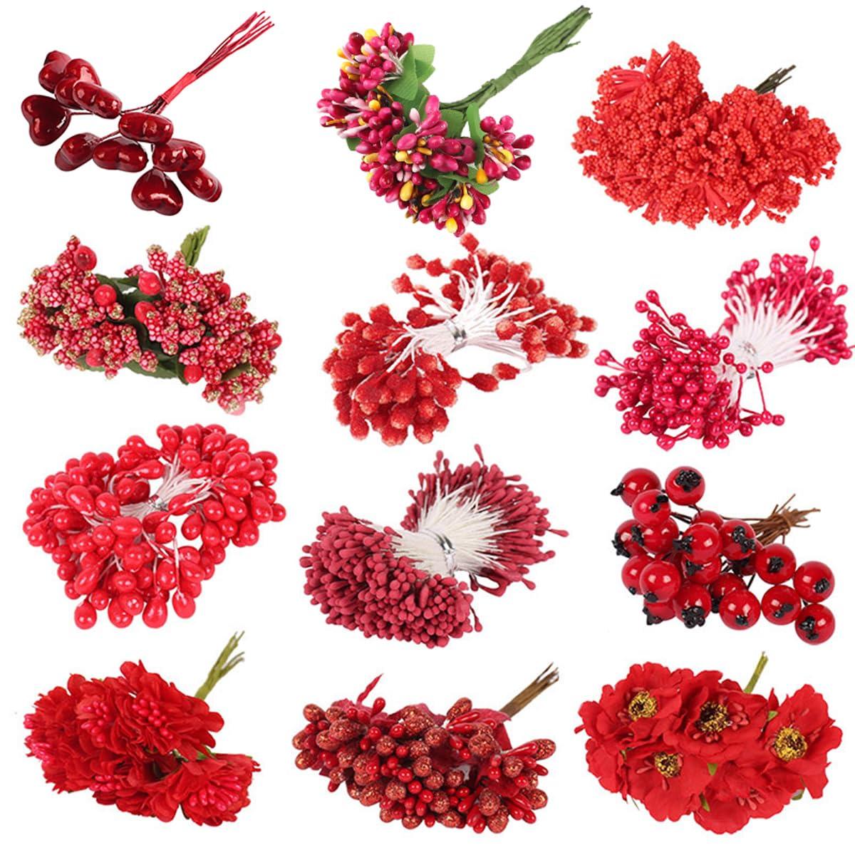 ECYC Ltd ECYC Ltd 6Pcs/lot Artificial Flower Stamen Pistil Artificial Holly Berries Double Head Mini Stamens Red Faux Flower Stamen Fake Berries for Flower Making Christmas Wreath Decorations DIY Crafts