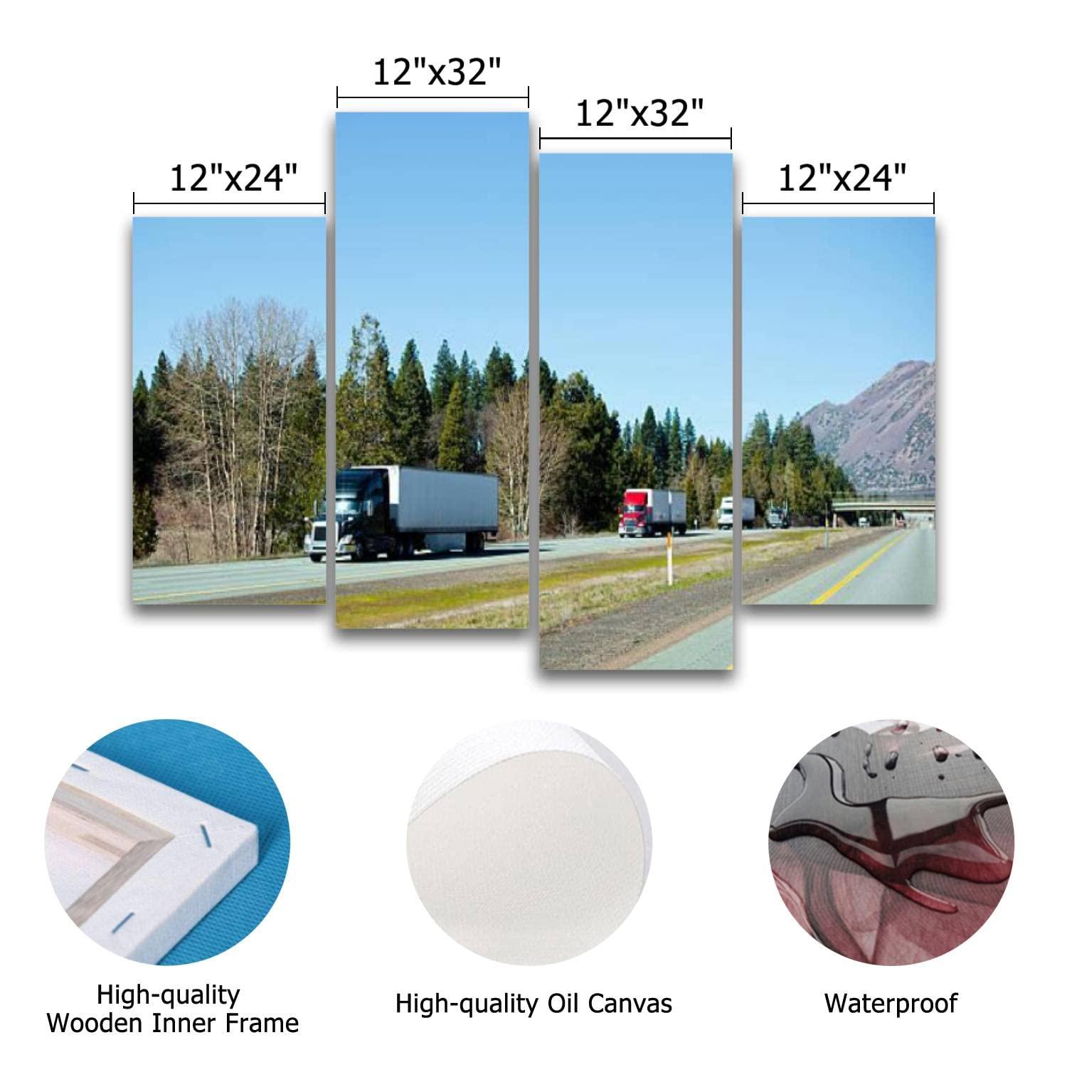 CXHSZHYZYQ Canvas Wall Art Prints Pictures Semi trucks trucking convoy interstate highway California Stretched & Framed Modern Wall Painting Home Decor for Living Room Bedroom Ready to Hang 4 Panel