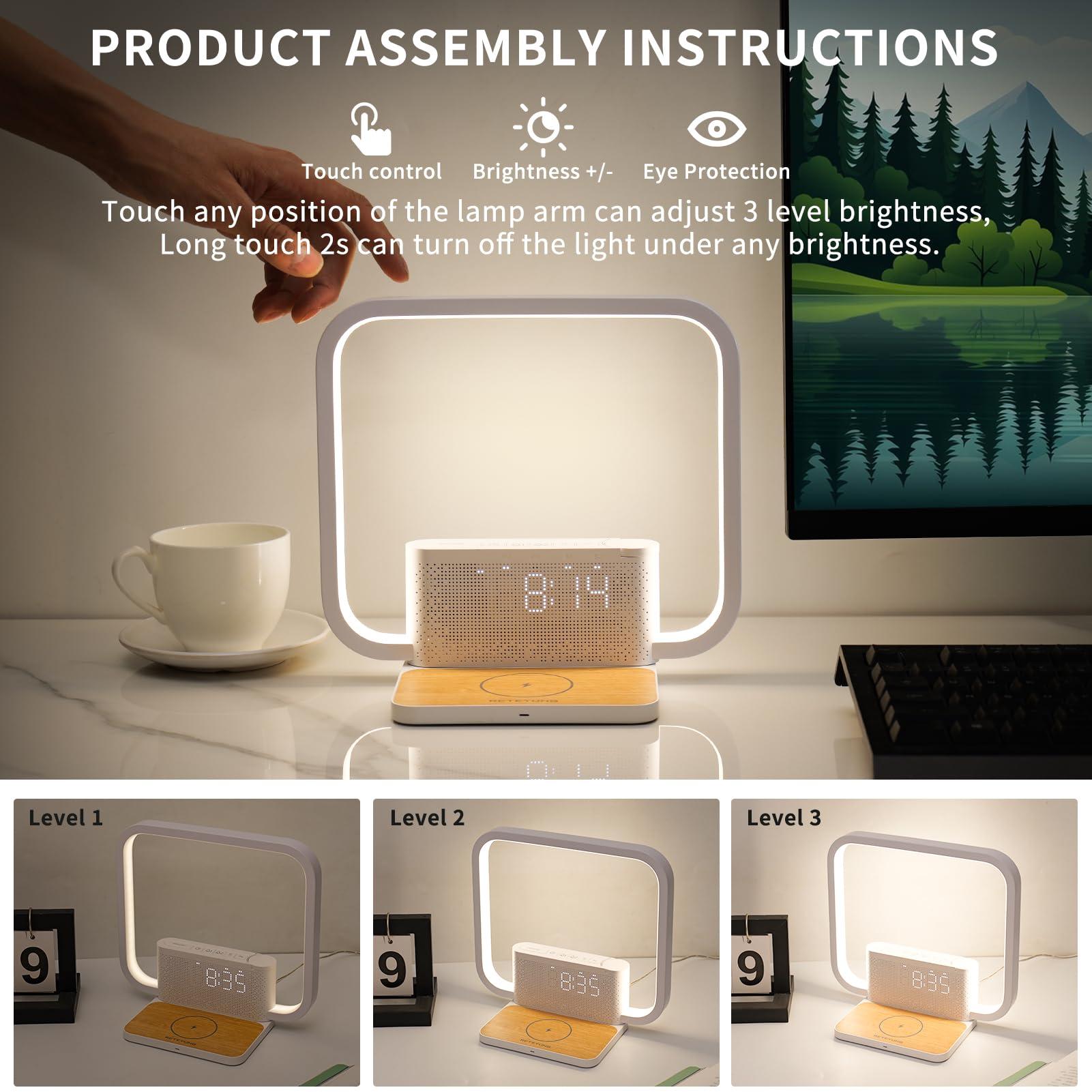 RETEYUNG RETEYUNG Bedside Lamps,Sunrise Alarm Clock for Heavy Sleepers,Table Lamp with Fast Wireless Charger Station for iPhone/Samsung,Wake Up Light Touch with Snooze/Timer/10 Natural Sounds/3 Dimmable