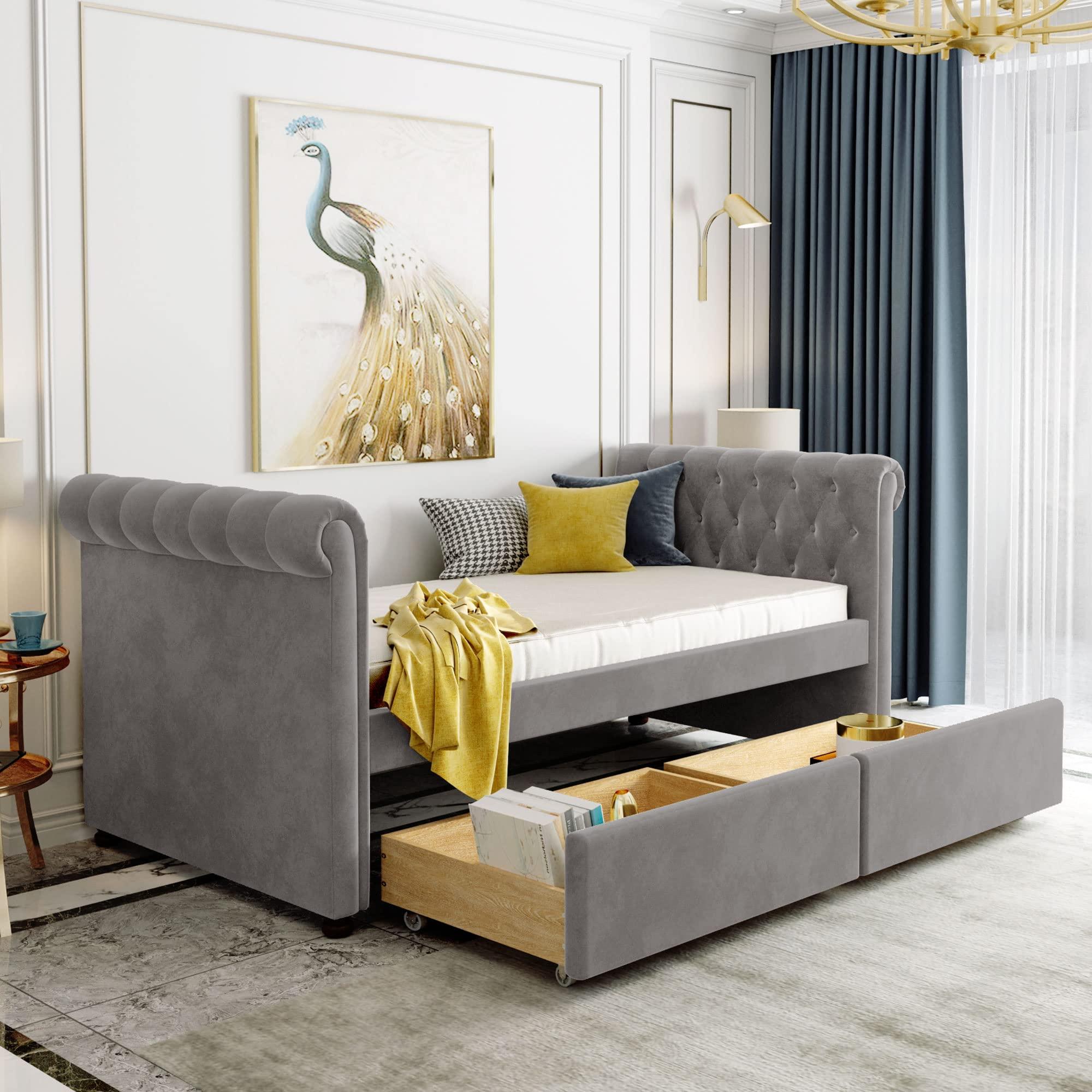 TONDI Tufted Daybed with Storage Drawers, Twin Size Upholstered Daybed with Drawers, Velvet Sofa Couch Bed Grey,Sofa