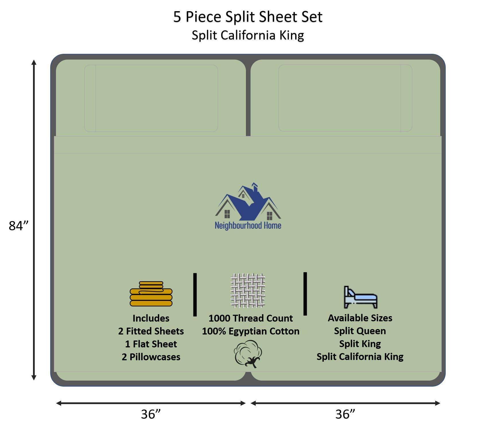 Neighbourhood Home Split California King Egyptian Cotton Sheets Sets for Adjustable Bed 22-Inches Extra Deep Pocket- 1000-Thread-Count, 100% Egyptian Cotton 5-PC Sheet Set Soft Breathable Sateen Weave - Sage