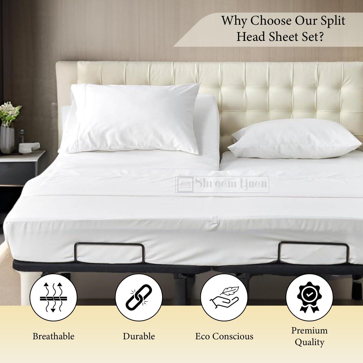 Shreem Linen Split Head Flex King Sheets for Adjustable Beds, Flex Top King Sheets for Sleep Number Bed 100% Egyptian Cotton - 4Pcs Sheet Set -36\" Top Split Sheets to fit Upto 16\" Deep Mattress (White Solid)