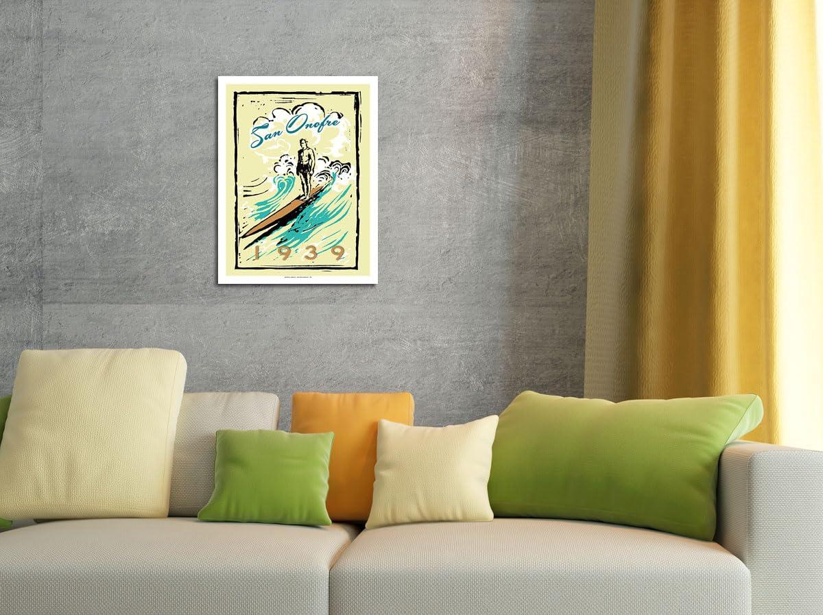 Pacifica Island Art San Onofre (San \'O) California - Surfer on Longboard - Vintage Travel Poster by Wade Koniakowsky - Fine Art Matte Paper Print (Unframed) 30x44in